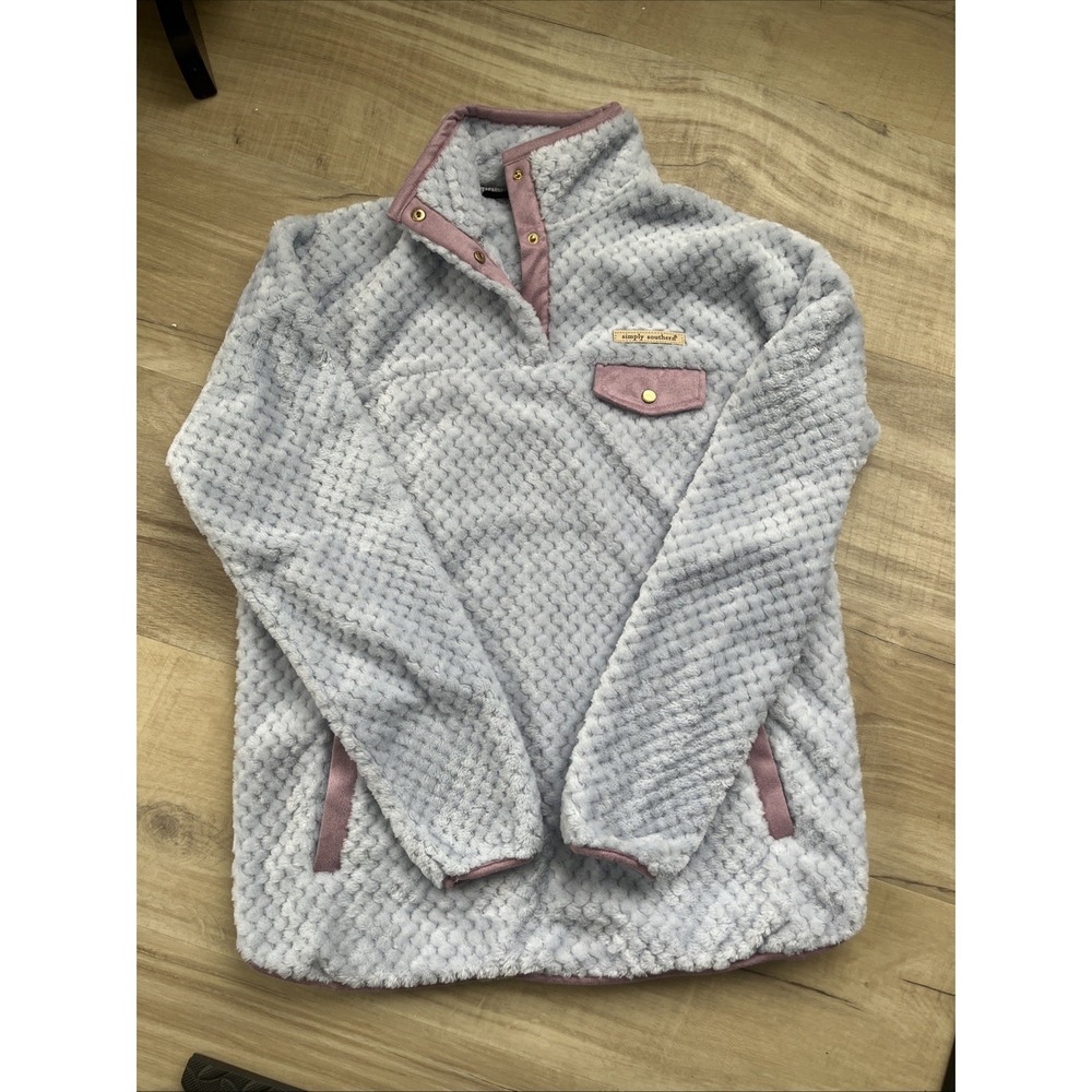 Simply Southern Women's‎ M Fleece Pullover Preppy Textured Sherpa Blue Purple